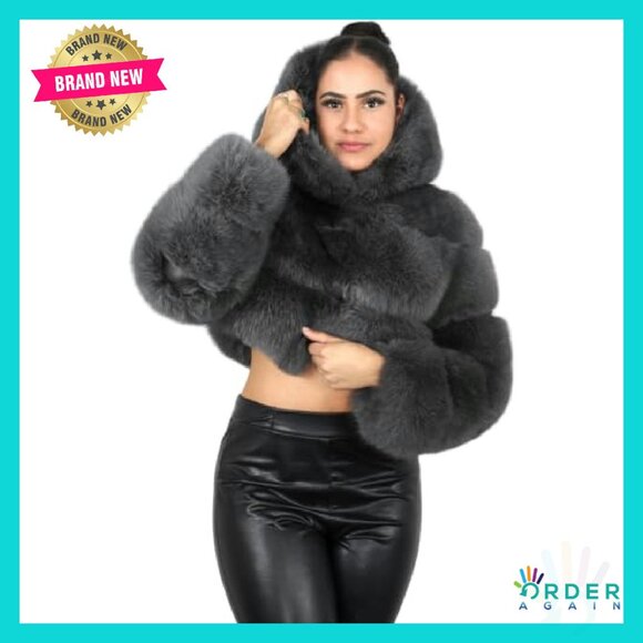 Faux Fox Fur Hooded Bolero Cropped Jacket Luxury Winter Chic Layered - Picture 2 of 5